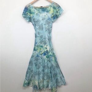 Komarov Blue Green Yellow Floral Crinkle Dress Very Stretchy With Lacey Hem